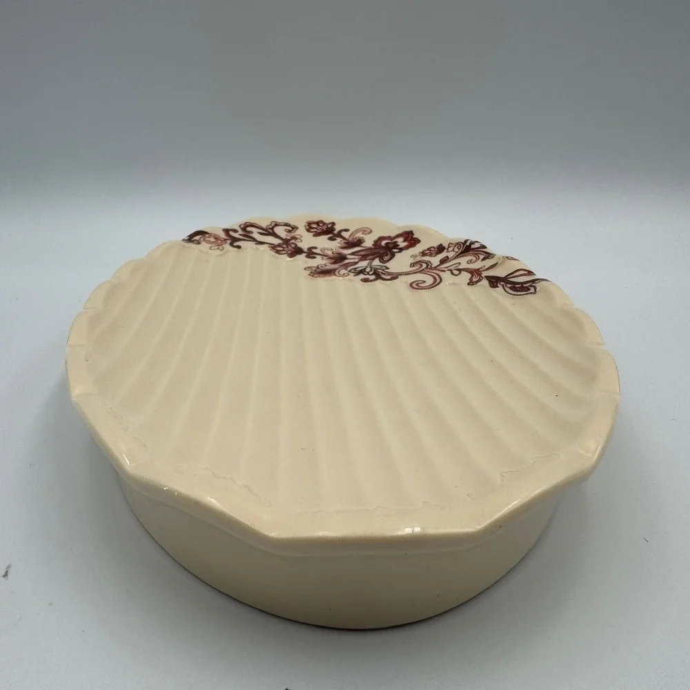 Reba Cream Ceramic Oval Serving Platter Burgundy Floral Scalloped Ribbed Serving